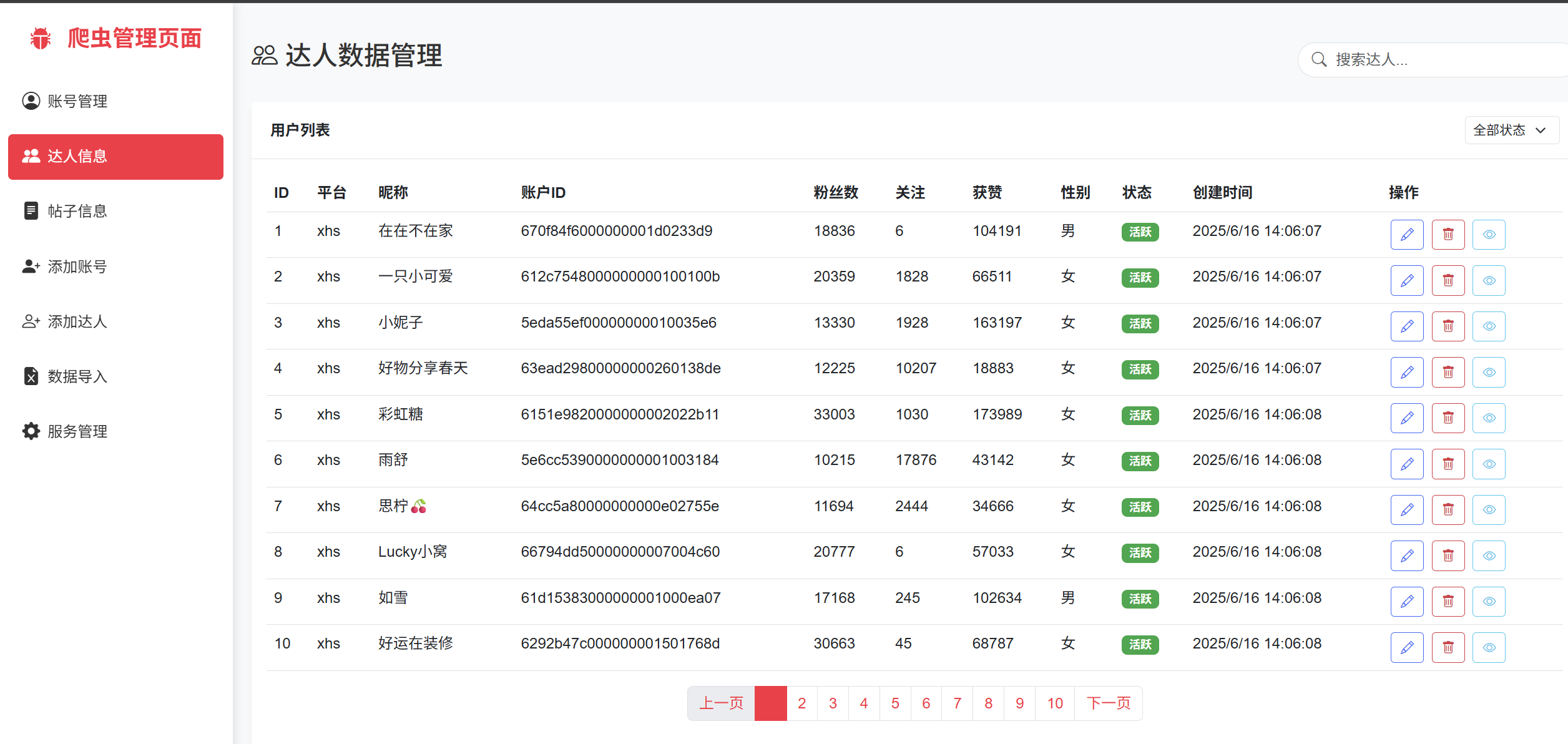 达人信息表格